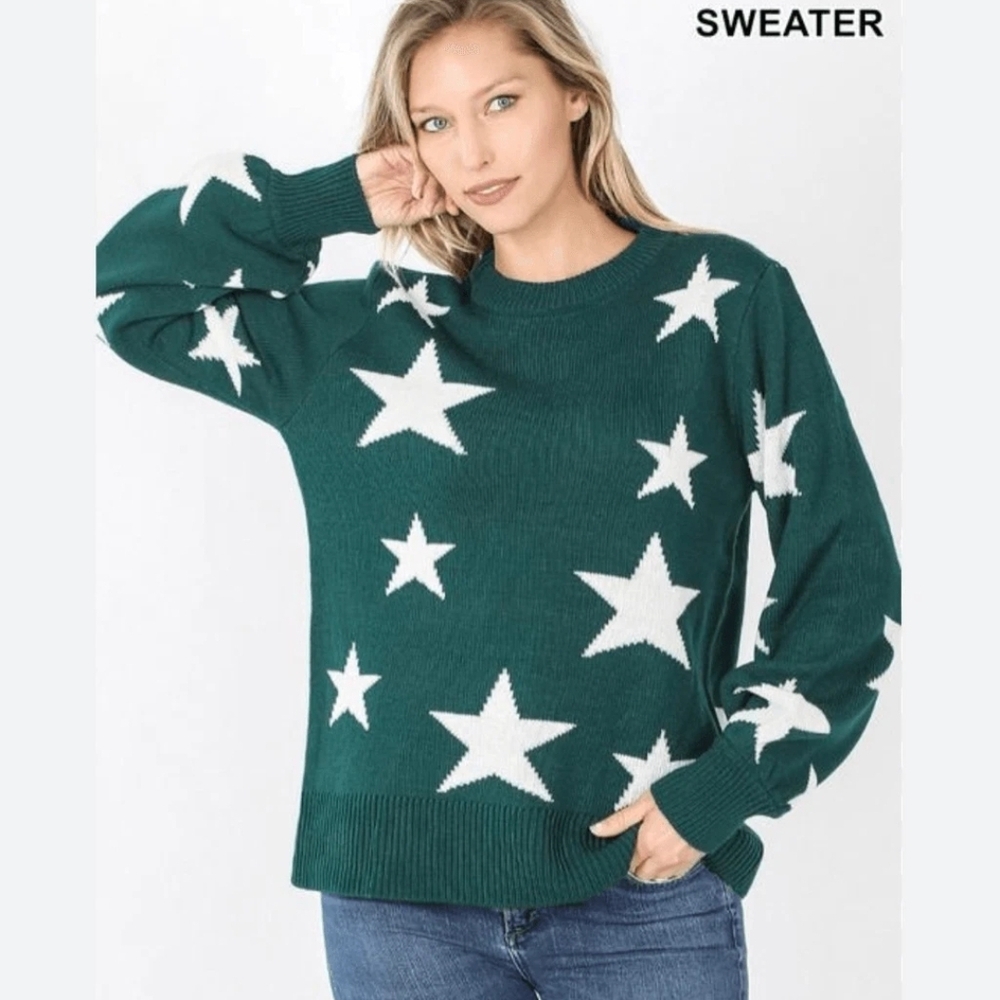 Zenana Outfitters Forest Green Star V-Neck Sweater - Picture 6 of 6